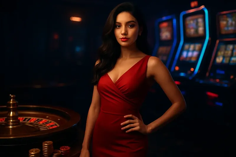 Beautiful woman in red evening dress standing confidently near roulette and slot machines in a luxury Bangladesh casino with neon accents, gold coins, and poker chips