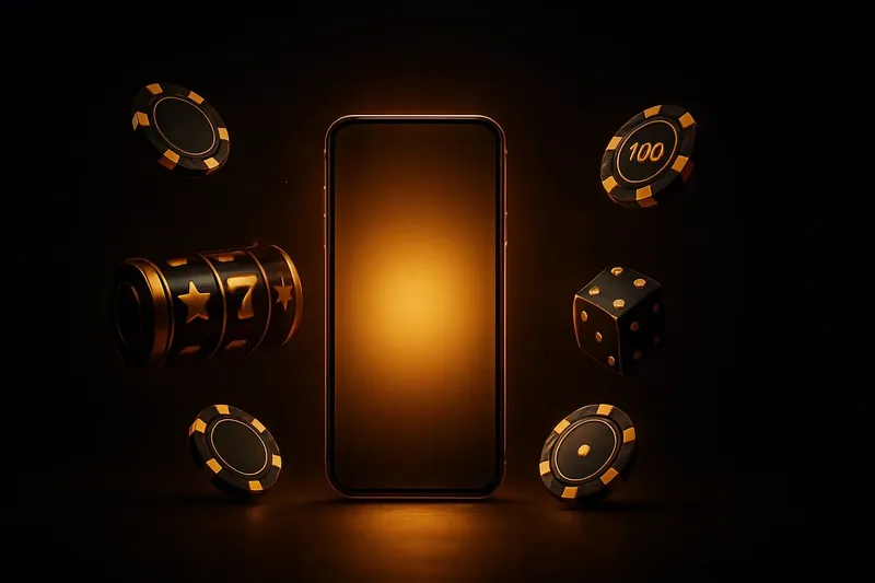 Glowing smartphone surrounded by casino chips, slot reels, and dice on a dark gold-accented background